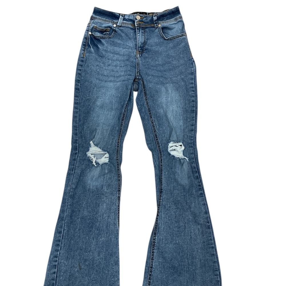 Indigo Rein Distressed Blue Flare 70s Jeans